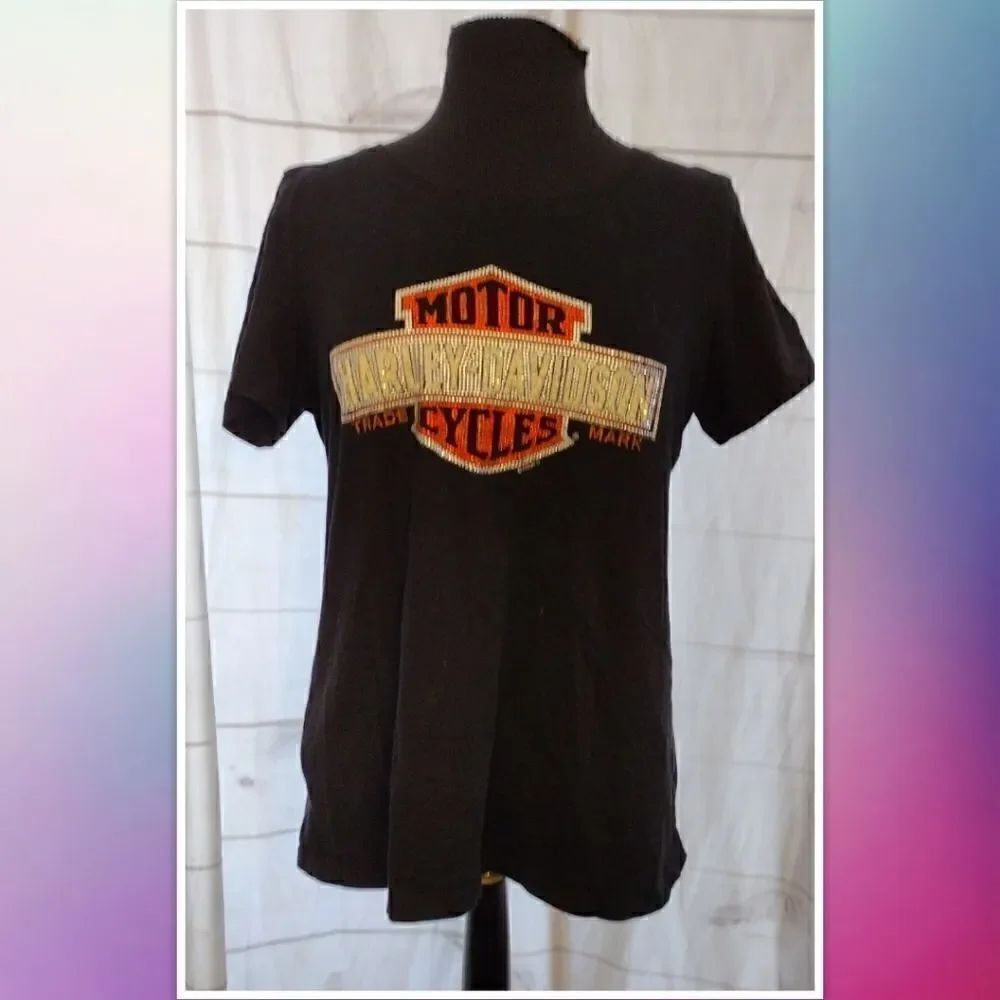 Harley Davidson black T-shirt size L with silver & orange rhinestones missing si